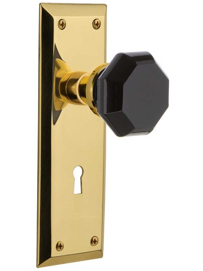 New York Mortise Lock Set with Colored Waldorf Crystal Glass Knobs Black in Un-Lacquered Brass.